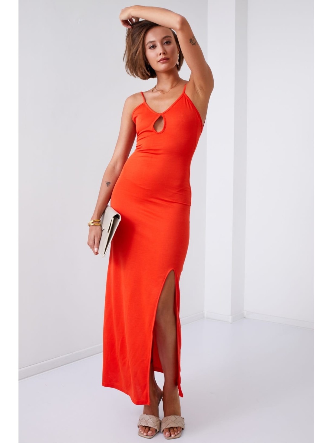 Smooth maxi dress on straps with a slit, brick red 110570 - Online store - Boutique